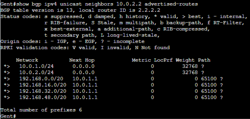 show bgp ipv4 unicast neighbors 10.0.2.2 advertised-routes